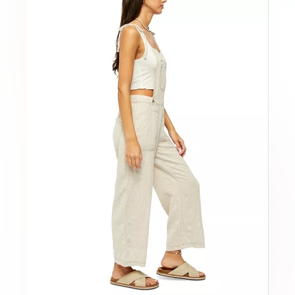 Free People Women's Natural Sights Overalls Linen Blend Size Small - Picture 2 of 12